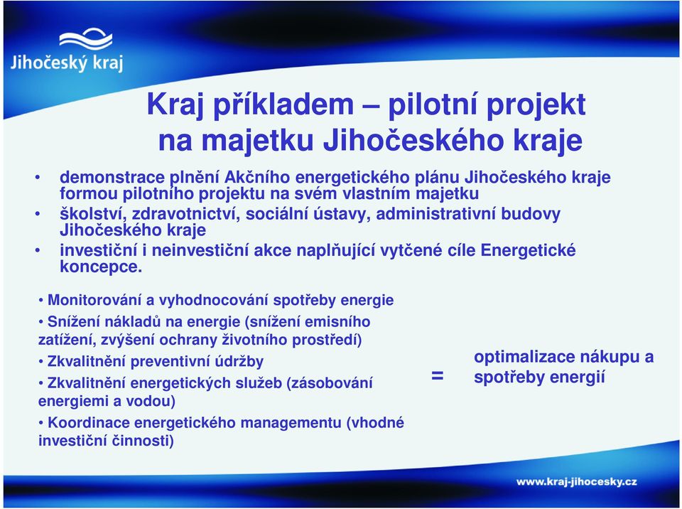 Monitorování a vyhodnocování spotřeby energie Snížení nákladů na energie (snížení emisního zatížení, zvýšení ochrany životního prostředí) Zkvalitnění preventivní údržby