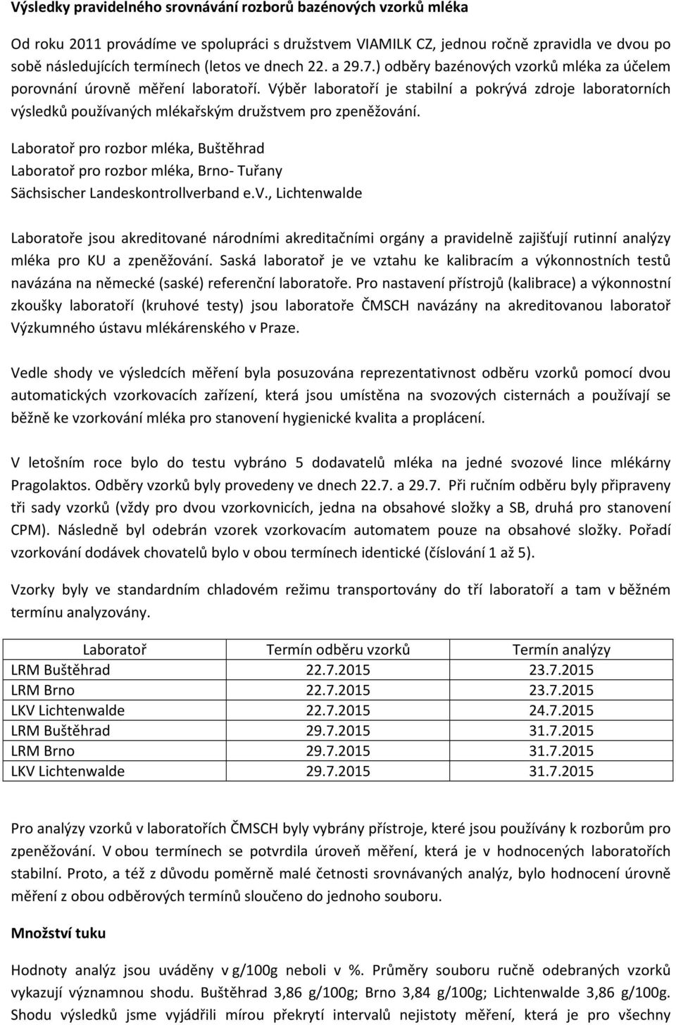 Výběr laboratoří je stabilní a pokrývá zdroje laboratorních výsledků používaných mlékařským družstvem pro zpeněžování.