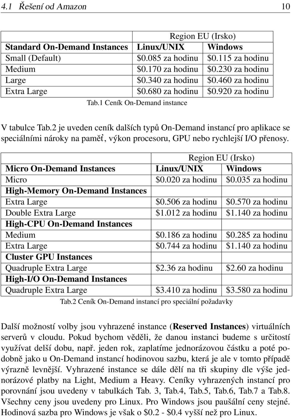 2 je uveden ceník dalších typů On-Demand instancí pro aplikace se speciálními nároky na pamět, výkon procesoru, GPU nebo rychlejší I/O přenosy.