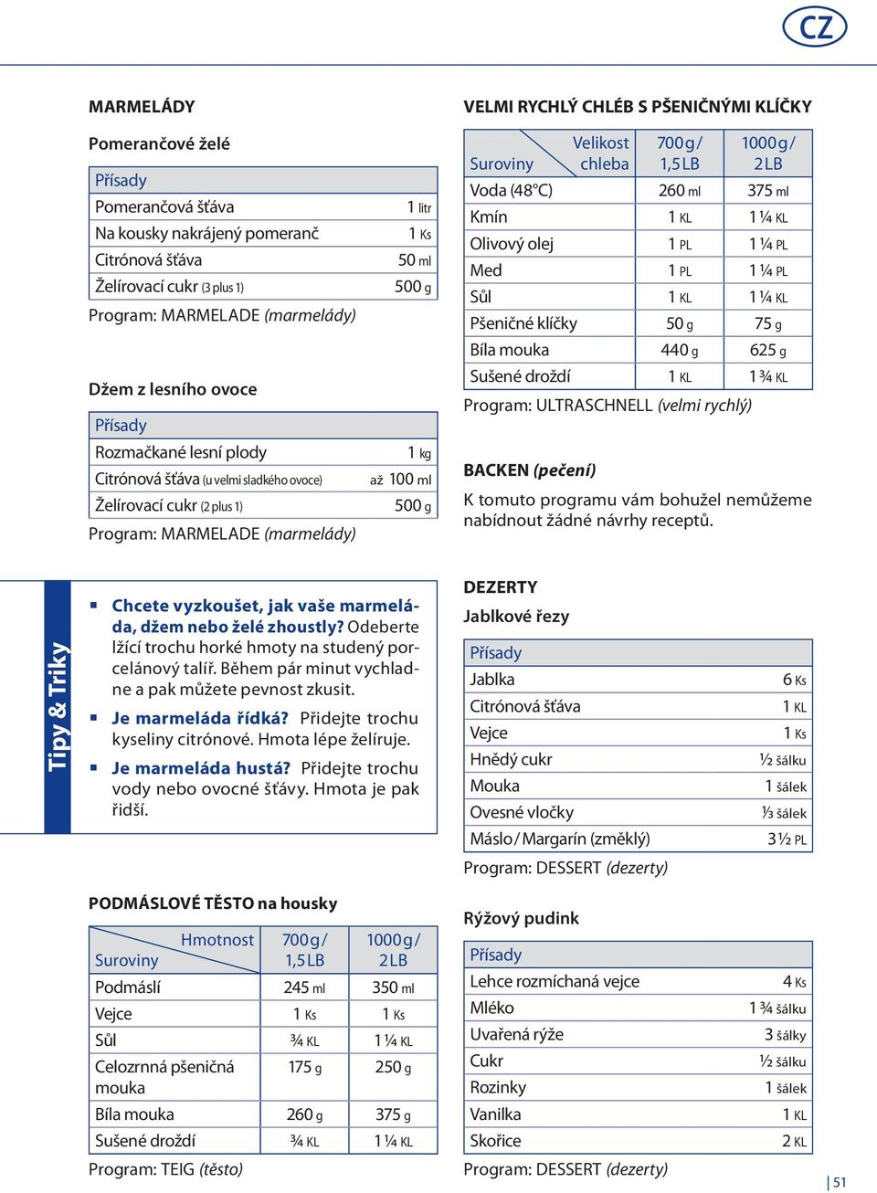 Velikost 700 g / 1000 g / Suroviny chleba 1,5 LB 2 LB Voda (48 C) 260 ml 375 ml Kmín 1 KL 1 ¼ KL Olivový olej 1 PL 1 ¼ PL Med 1 PL 1 ¼ PL Sůl 1 KL 1 ¼ KL Pšeničné klíčky 50 g 75 g Bíla mouka 440 g