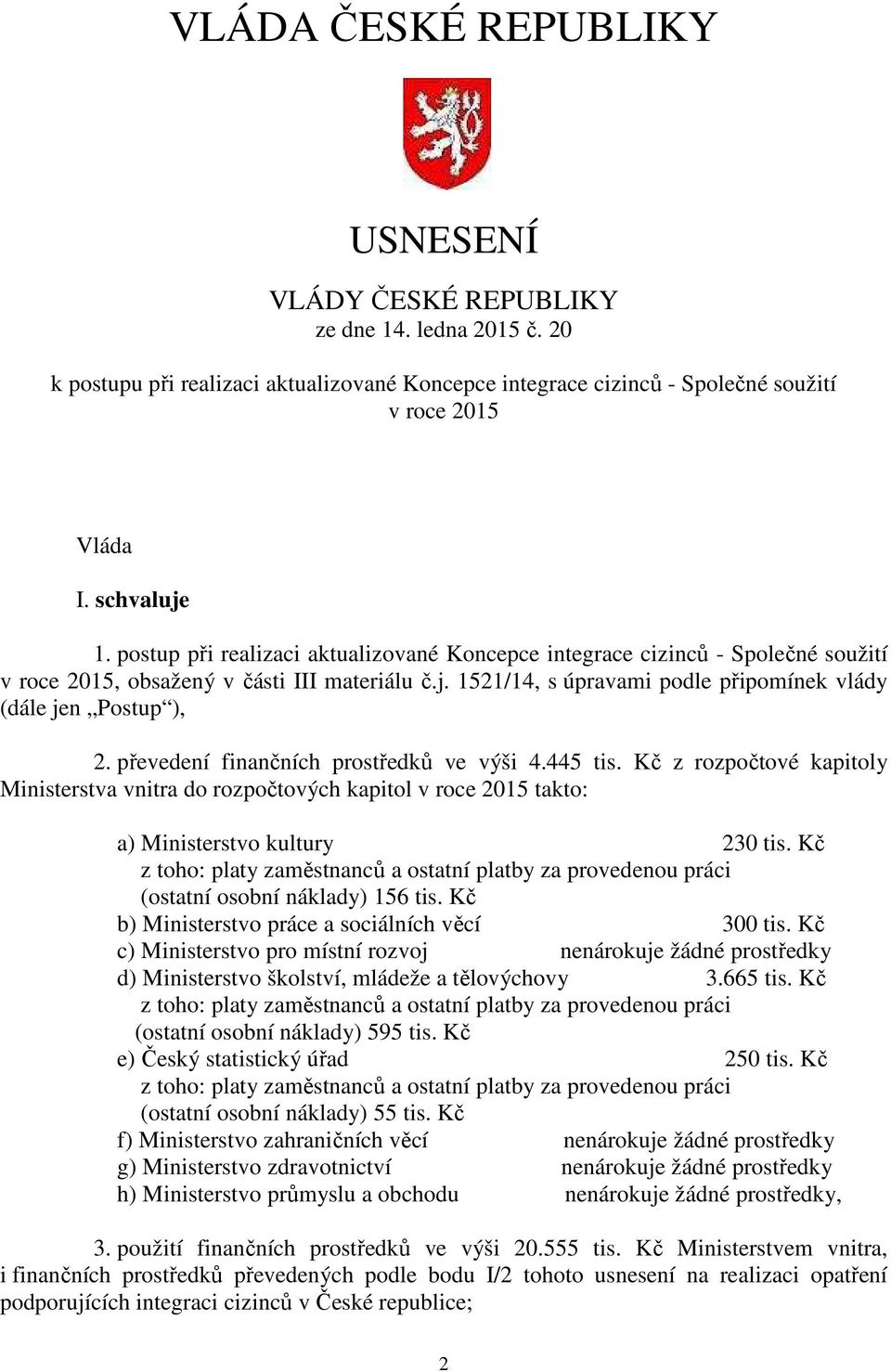 převedení finančních prostředků ve výši 4.445 tis. Kč z rozpočtové kapitoly Ministerstva vnitra do rozpočtových kapitol v roce 2015 takto: a) Ministerstvo kultury 230 tis.