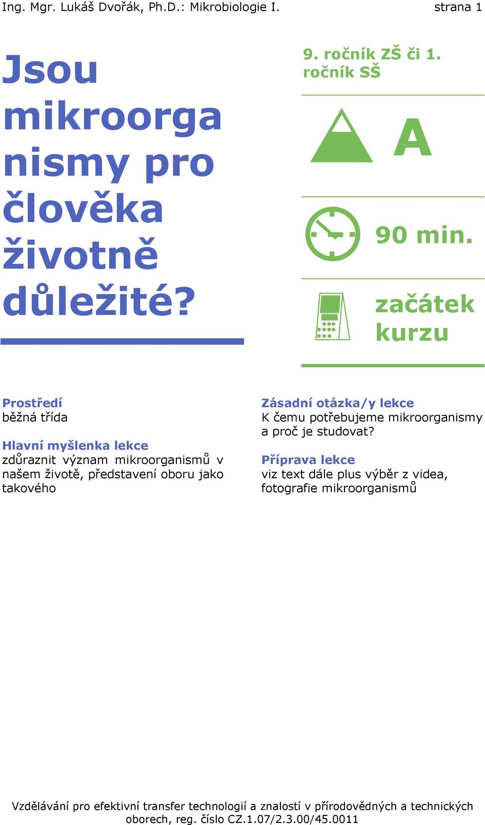 začátek kurzu Prostředí běžná třída Hlavní myšlenka lekce zdůraznit význam mikroorganismů v našem životě,