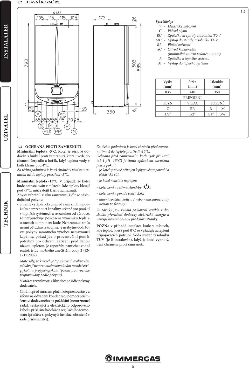 průměr 13 mm) R - Zpátečka z topného systému M - Výstup do topného systému 1.3 OCHRANA PROTI ZAMRZNUTÍ. Minimální teplota -3 C.