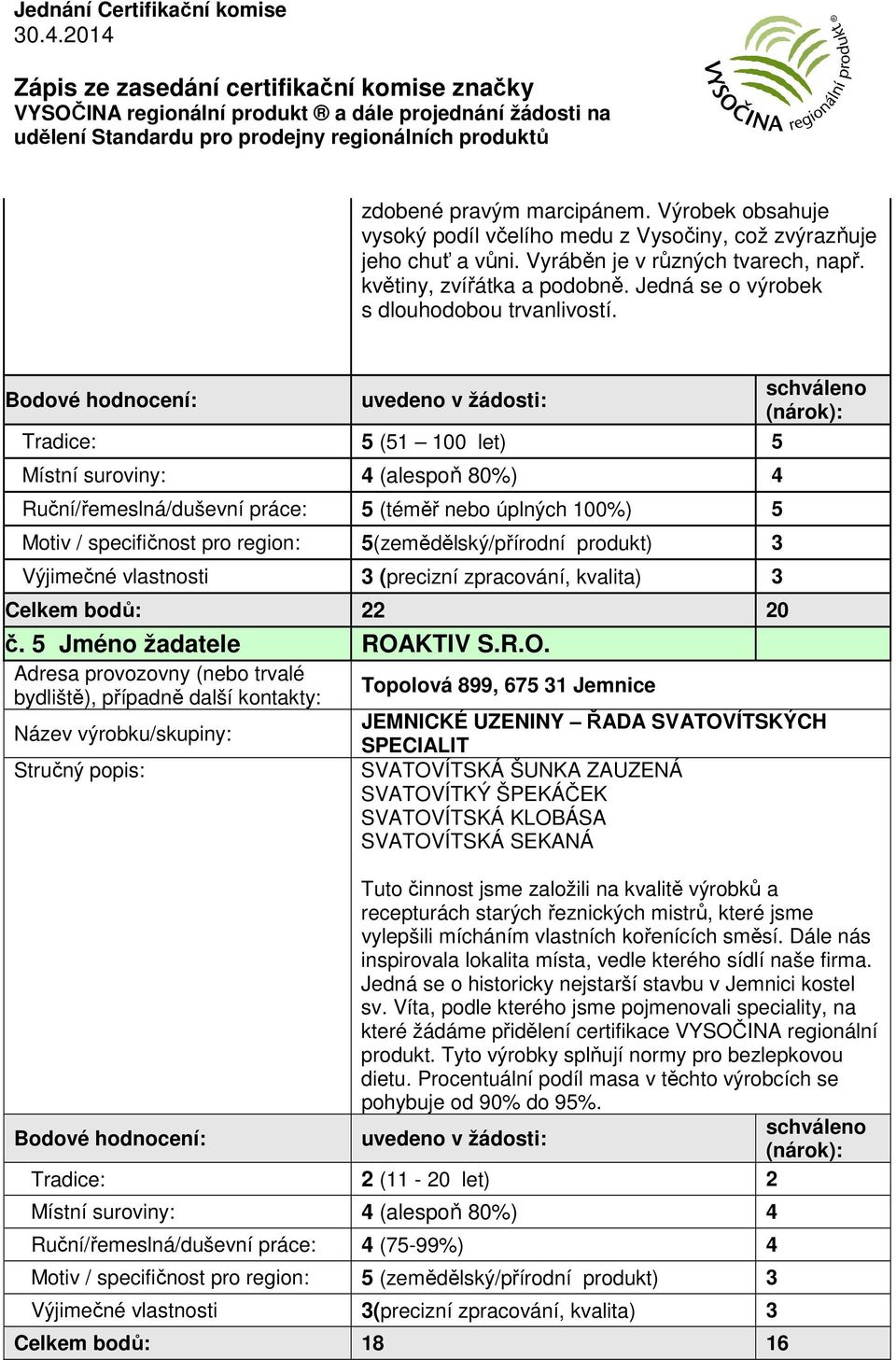 Tradice: 5 (51 100 let) 5 Ruční/řemeslná/duševní práce: 5 (téměř nebo úplných 100%) 5 Motiv / specifičnost pro region: 5(zemědělský/přírodní produkt) 3 Celkem bodů: 22 20 č.