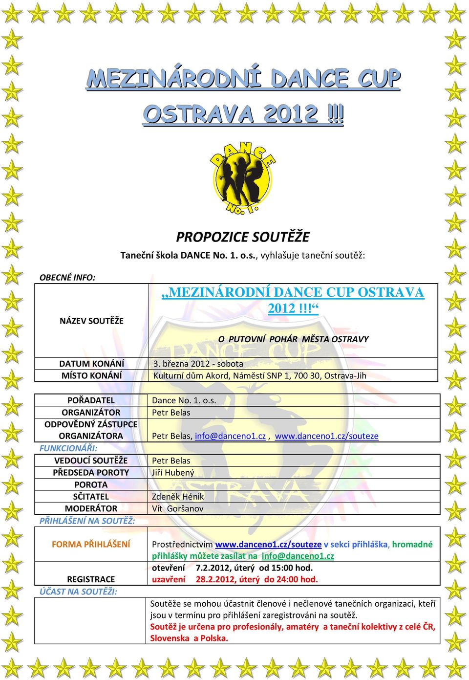 SOUTĚŽ: FORMA PŘIHLÁŠENÍ REGISTRACE ÚČAST NA SOUTĚŽI: 3. března 2012 - sobota Kulturní dům Akord, Náměstí SNP 1, 70030, Ostrava-Jih Dance No. 1. o.s. Petr Belas Petr Belas, info@danceno1.cz, www.