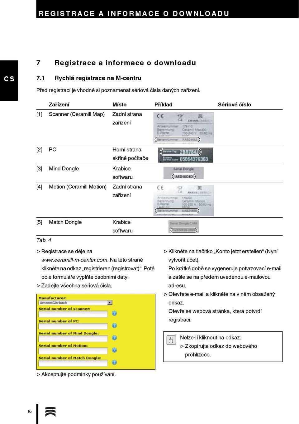 zařízení [5] Match Dongle Krabice softwaru Tab. 4 Registrace se děje na www.ceramill-m-center.com. Na této straně klikněte na odkaz registrieren (registrovat).
