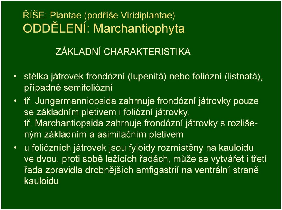 Jungermanniopsida zahrnuje frondózní játrovky pouze se základním pletivem i foliózní játrovky, tř.