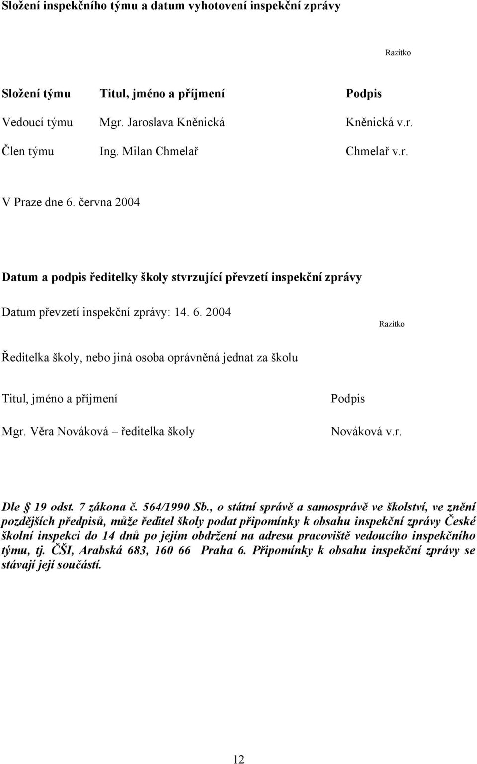 Věra Nováková ředitelka školy Podpis Nováková v.r. Dle 19 odst. 7 zákona č. 564/1990 Sb.