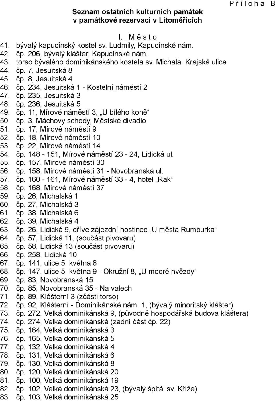 čp. 235, Jesuitská 3 48. čp. 236, Jesuitská 5 49. čp. 11, Mírové náměstí 3, U bílého koně 50. čp. 3, Máchovy schody, Městské divadlo 51. čp. 17, Mírové náměstí 9 52. čp. 18, Mírové náměstí 10 53. čp. 22, Mírové náměstí 14 54.