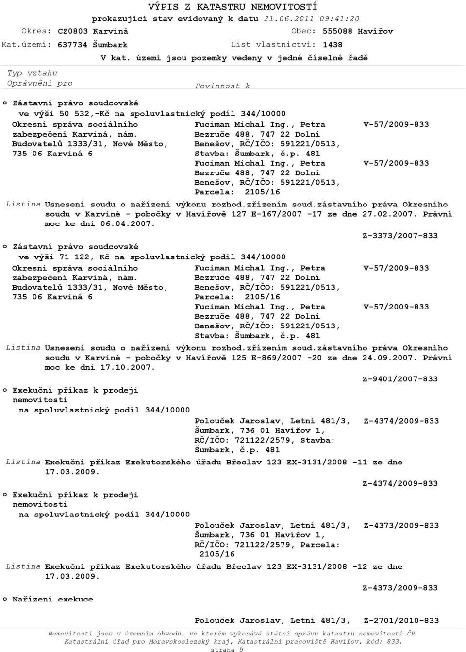 Bezruče 488, 747 22 Dlní Budvatelů 1333/31, Nvé Měst, Benešv, RČ/IČO: 591221/0513, 735 06 Karviná 6 Stavba: Fuciman Michal Ing.