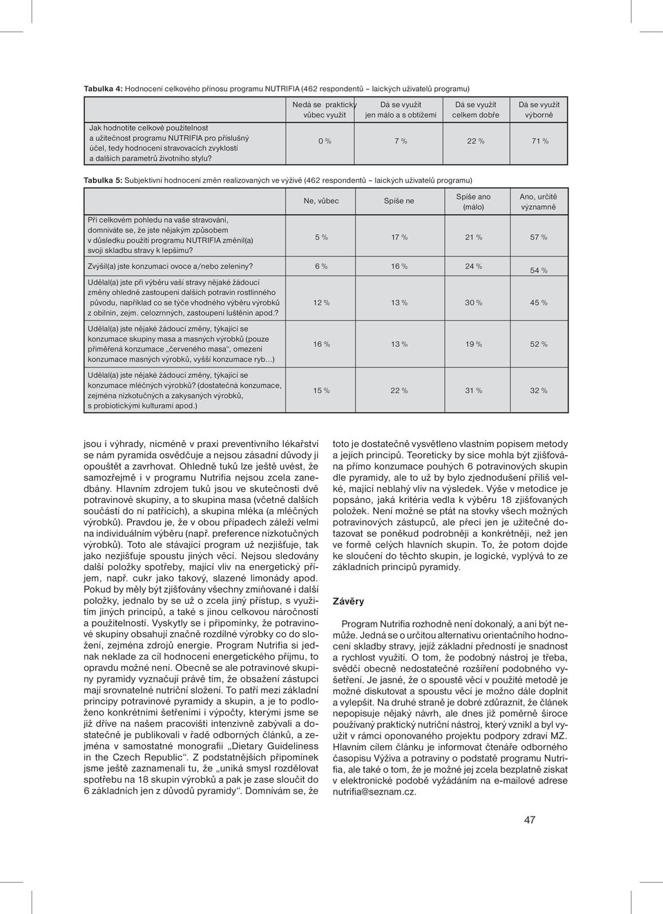 Tabulka 5: Subjektivní hodnocení zmìn realizovaných ve výživì (462 respondentù laických uživatelù programu) Ne, vùbec Spíše ne Spíše ano Ano, urèitì (málo) významnì Pøi celkovém pohledu na vaše