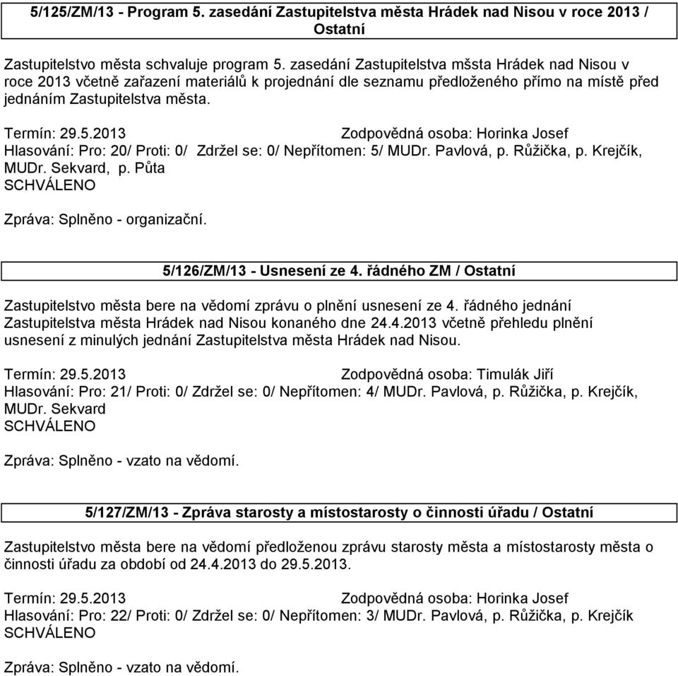 Zodpovědná osoba: Horinka Josef Hlasování: Pro: 20/ Proti: 0/ Zdržel se: 0/ Nepřítomen: 5/ MUDr. Pavlová, p. Růžička, p. Krejčík, MUDr. Sekvard, p. Půta Zpráva: Splněno - organizační.