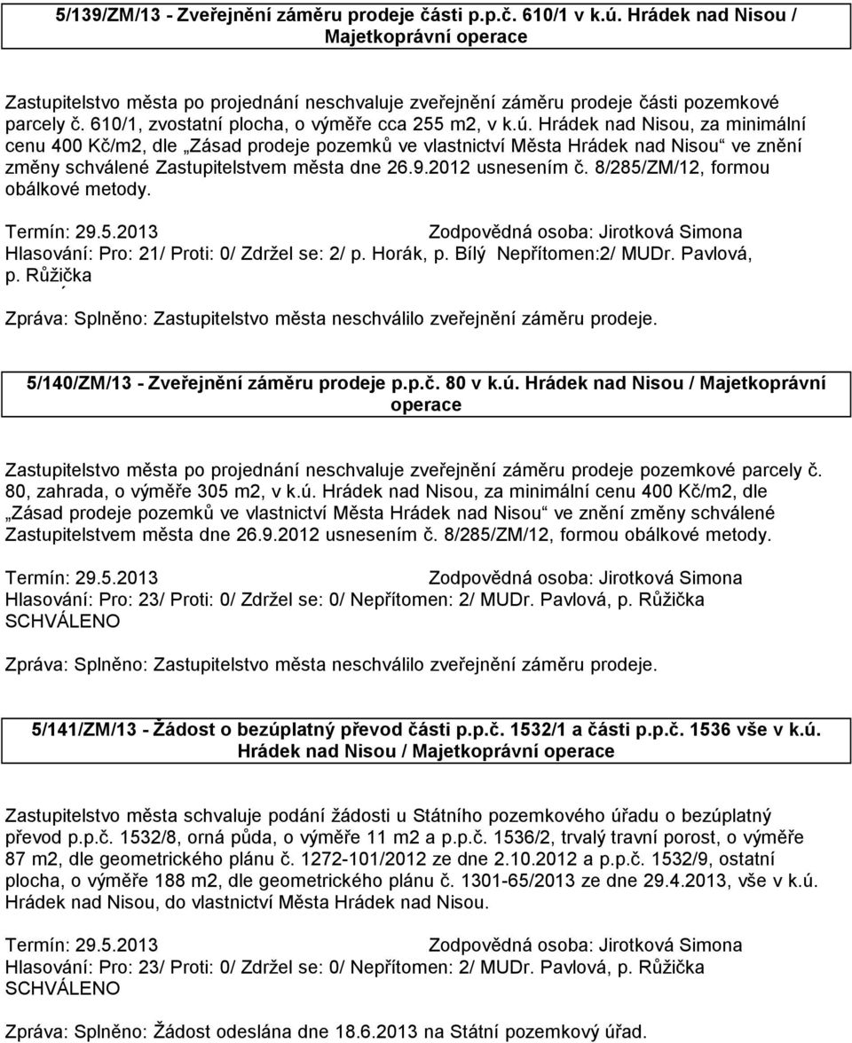 Hrádek nad Nisou, za minimální cenu 400 Kč/m2, dle Zásad prodeje pozemků ve vlastnictví Města Hrádek nad Nisou ve znění změny schválené Zastupitelstvem města dne 26.9.2012 usnesením č.