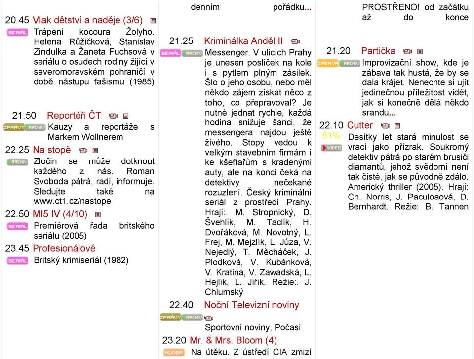 50 Reportéři ČT Kauzy a reportáže s Markem Wollnerem 22.25 Na stopě Zločin se může dotknout každého z nás. Roman Svoboda pátrá, radí, informuje. Sledujte také na www.ct1.cz/nastope 22.