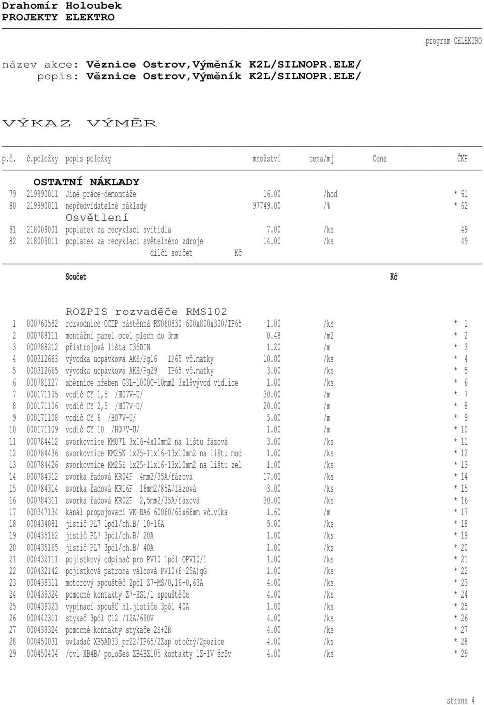 00 /ks * 1 2 000788111 montážní panel ocel plech do 3mm 0.48 /m2 * 2 3 000788212 přístrojová lišta T35DIN 1.20 /m * 3 4 000312663 vývodka ucpávková AKS/Pg16 IP65 vč.matky 10.