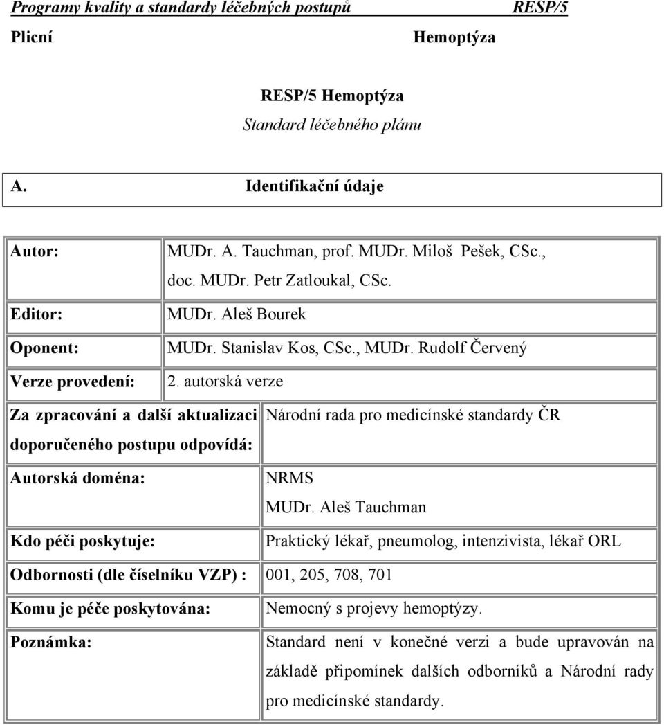 autorská verze Za zpracování a další aktualizaci doporučeného postupu odpovídá: Autorská doména: Kdo péči poskytuje: Národní rada pro medicínské standardy ČR NRMS MUDr.