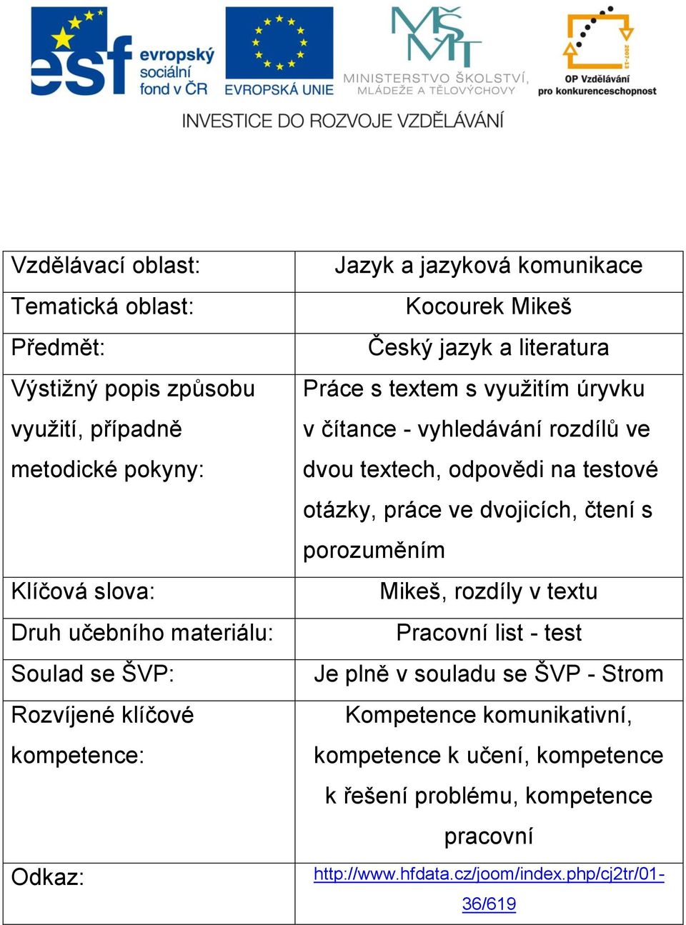 vyhledávání rozdílů ve dvou textech, odpovědi na testové otázky, práce ve dvojicích, čtení s porozuměním Mikeš, rozdíly v textu Pracovní list - test Je plně v