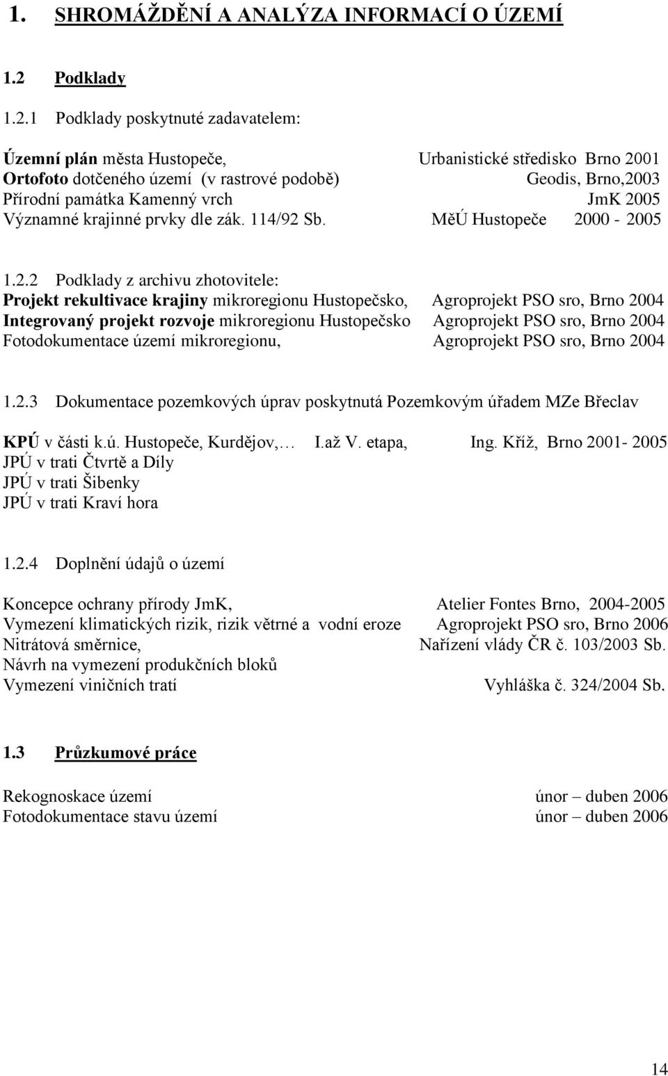 1 Podklady poskytnuté zadavatelem: Územní plán města Hustopeče, Urbanistické středisko Brno 2001 Ortofoto dotčeného území (v rastrové podobě) Geodis, Brno,2003 Přírodní památka Kamenný vrch JmK 2005