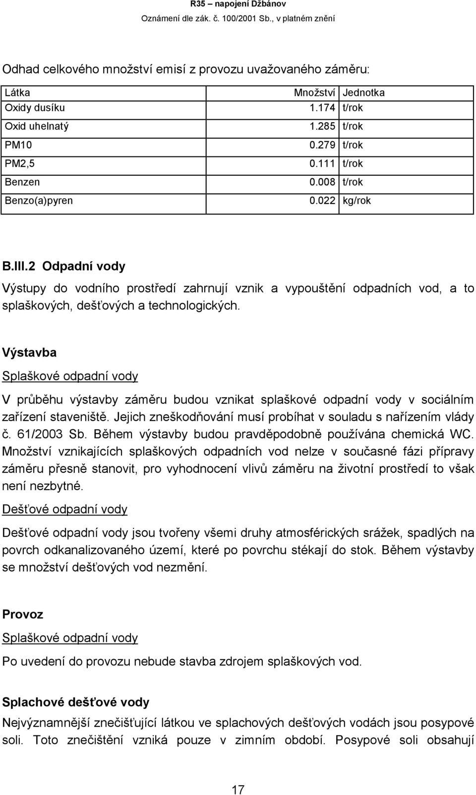 Výstavba Splaškové odpadní vody V průběhu výstavby záměru budou vznikat splaškové odpadní vody v sociálním zařízení staveniště. Jejich zneškodňování musí probíhat v souladu s nařízením vlády č.