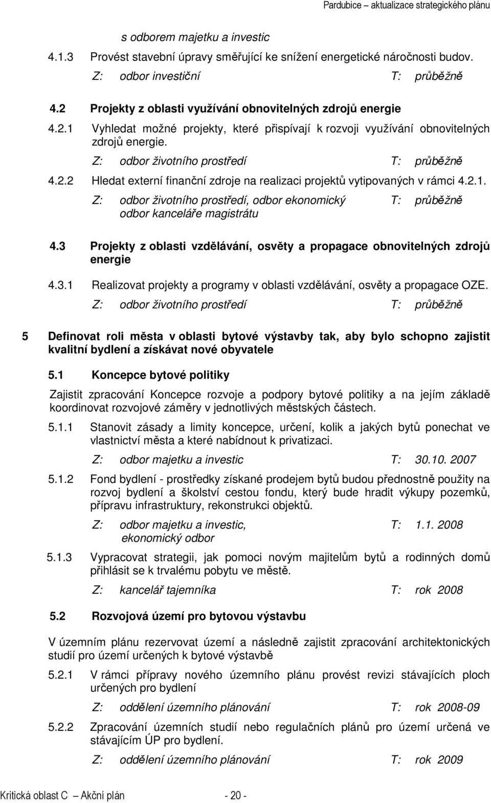 Z: odbor životního prostředí T: průběžně 4.2.2 Hledat externí finanční zdroje na realizaci projektů vytipovaných v rámci 4.2.1.