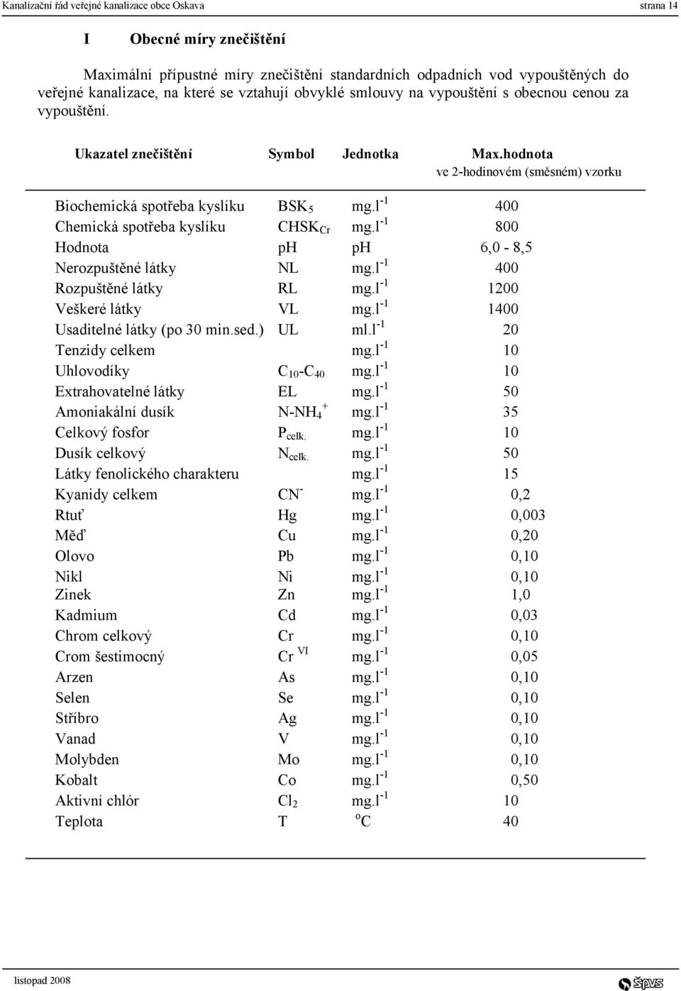 l -1 400 Chemická spotřeba kyslíku CHSK Cr mg.l -1 800 Hodnota ph ph 6,0-8,5 Nerozpuštěné látky NL mg.l -1 400 Rozpuštěné látky RL mg.l -1 1200 Veškeré látky VL mg.