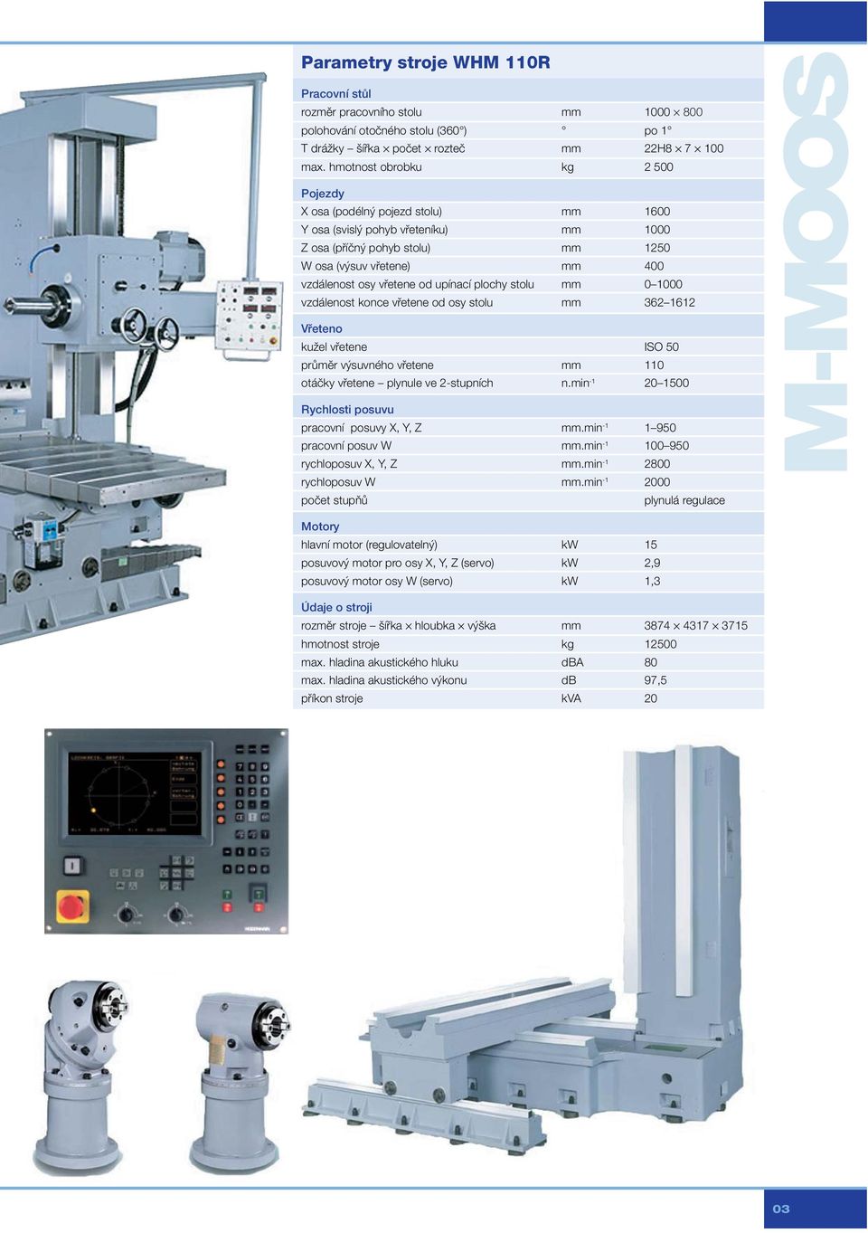 od upínací plochy stolu mm 0 1000 vzdálenost konce vfietene od osy stolu mm 362 1612 Vfieteno kuïel vfietene ISO 50 prûmûr v suvného vfietene mm 110 otáãky vfietene plynule ve 2-stupních n.