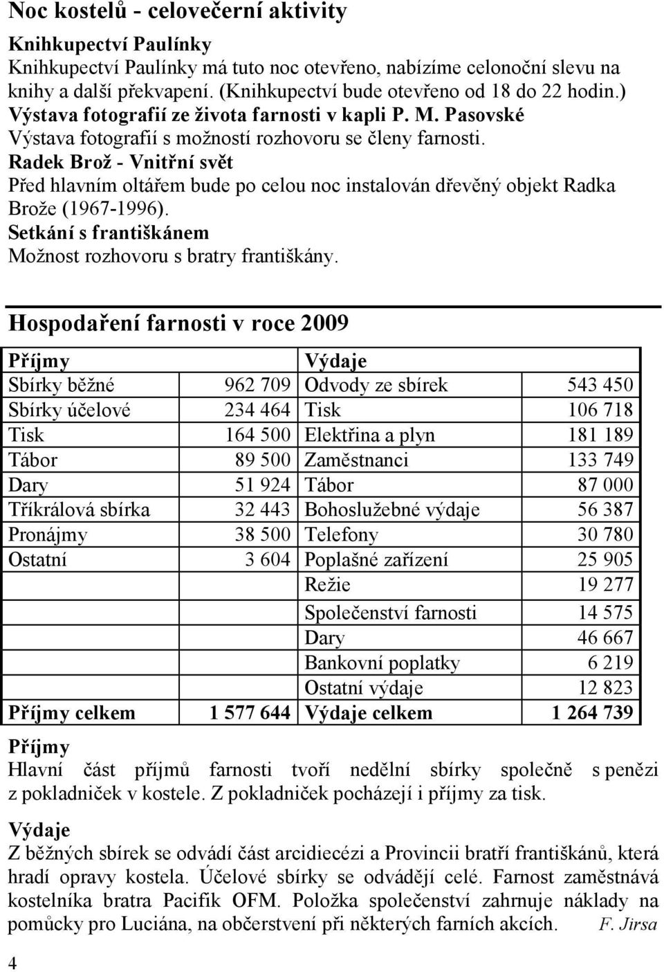 Radek Brož - Vnitřní svět Před hlavním oltářem bude po celou noc instalován dřevěný objekt Radka Brože (1967-1996). Setkání s františkánem Možnost rozhovoru s bratry františkány.