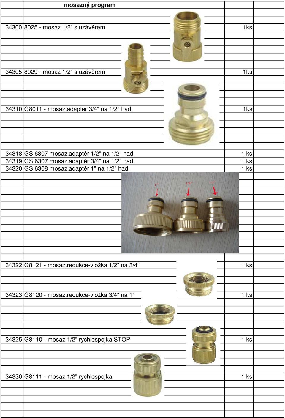 adaptér 3/4" na 1/2" had. 1 ks 34320 GS 6308 mosaz.adaptér 1" na 1/2" had. 1 ks 34322 G8121 - mosaz.