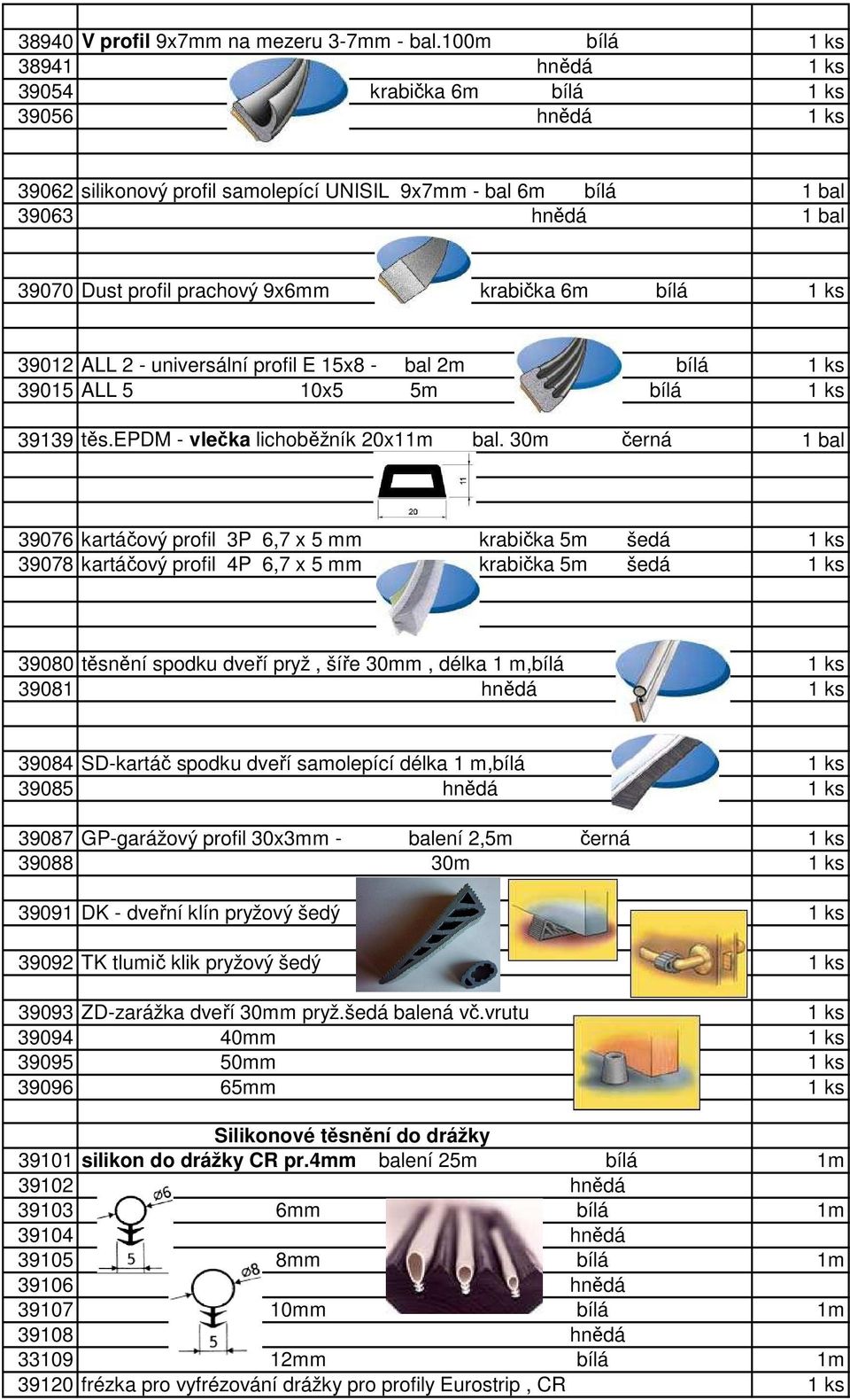 krabička 6m bílá 1 ks 39012 ALL 2 - universální profil E 15x8 - bal 2m bílá 1 ks 39015 ALL 5 10x5 5m bílá 1 ks 39139 těs.epdm - vlečka lichoběžník 20x11m bal.