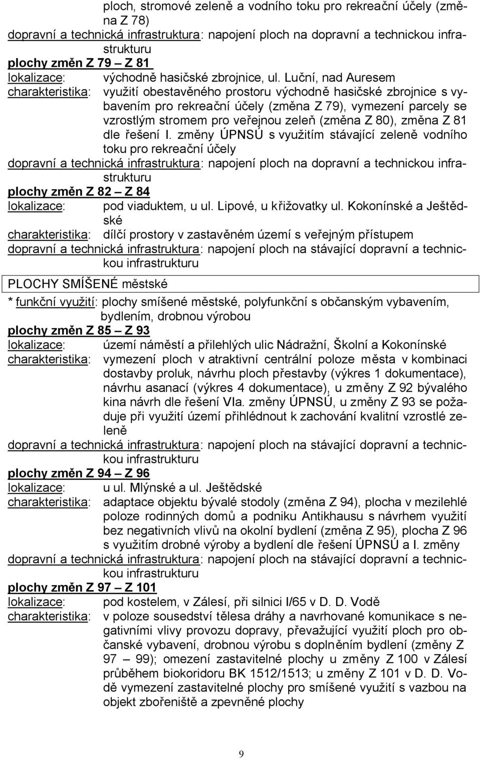 Luční, nad Auresem charakteristika: využití obestavěného prostoru východně hasičské zbrojnice s vybavením pro rekreační účely (změna Z 79), vymezení parcely se vzrostlým stromem pro veřejnou zeleň