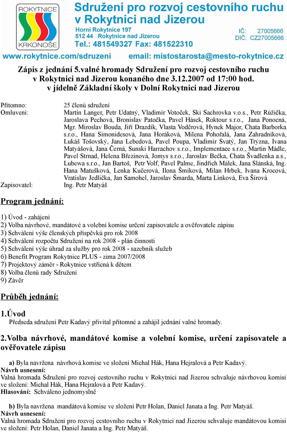 r.o., Jana Ponocná, Mgr. Miroslav Bouda, Jiří Drazdík, Vlasta Voděrová, Hynek Major, Chata Barborka s.r.o., Hana Simonidesová, Jana Horáková, Milena Pohořalá, Jana Zahradníková, Lukáš Tošovský, Jana Lebedová, Pavel Poupa, Vladimír Svatý, Jan Trýzna, Ivana Matyášová, Jana Černá, Sunski Harrachov s.