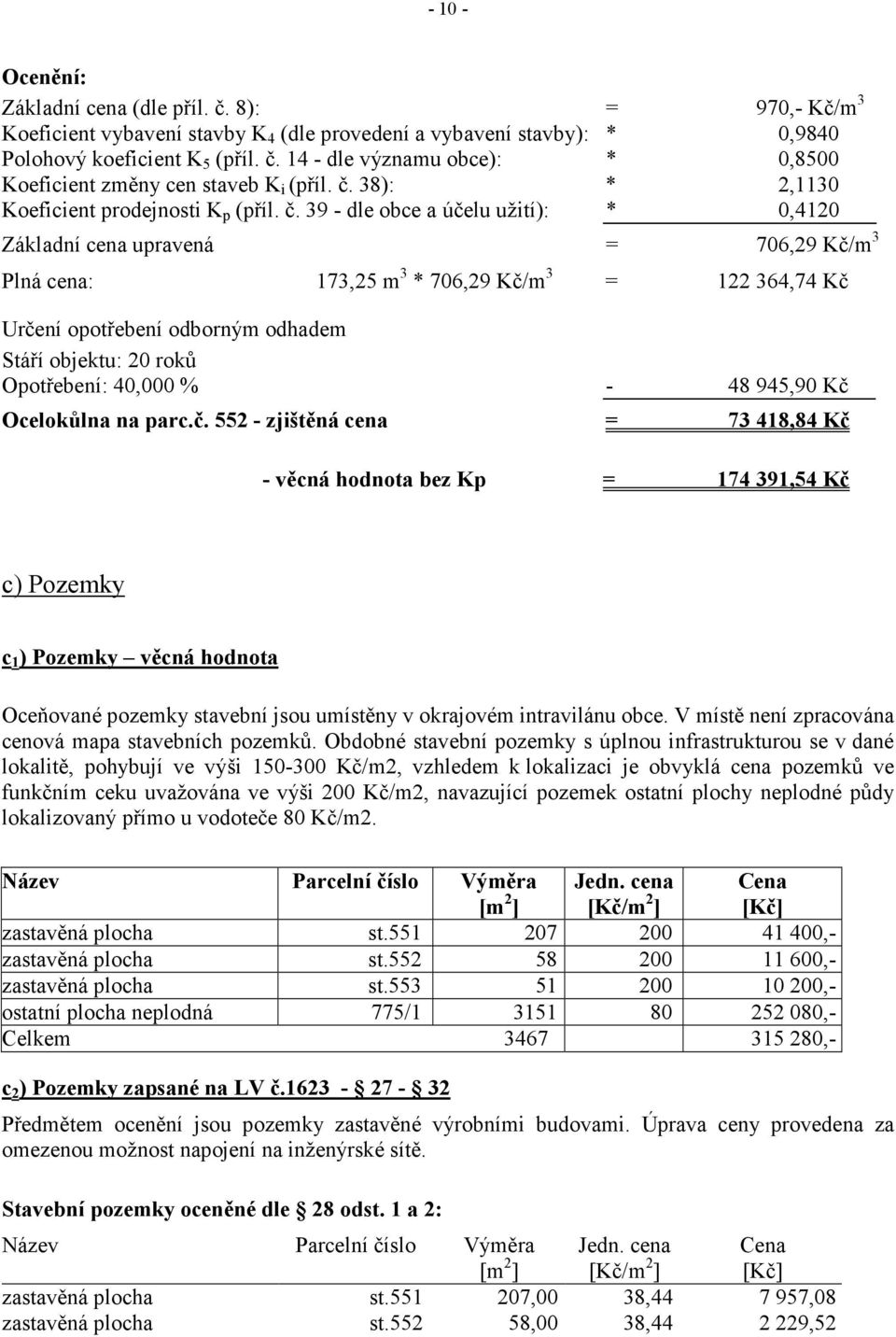 39 - dle obce a účelu užití): * 0,4120 Základní cena upravená = 706,29 Kč/m 3 Plná cena: 173,25 m 3 * 706,29 Kč/m 3 = 122 364,74 Kč Určení opotřebení odborným odhadem Stáří objektu: 20 roků