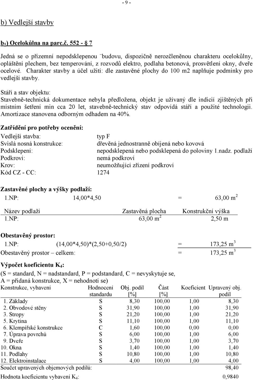 ocelové. Charakter stavby a účel užití: dle zastavěné plochy do 100 m2 naplňuje podmínky pro vedlejší stavby.