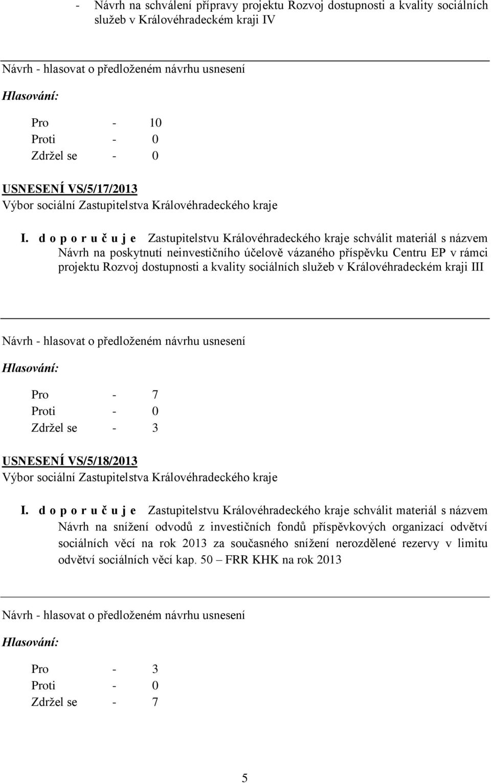 Královéhradeckém kraji III Pro - 7 Zdržel se - 3 USNESENÍ VS/5/18/2013 Návrh na snížení odvodů z investičních fondů příspěvkových organizací