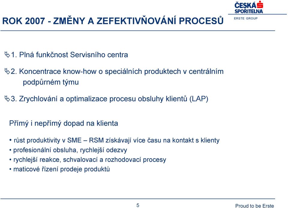 Zrychlování a optimalizace procesu obsluhy klientů (LAP) Přímý i nepřímý dopad na klienta růst produktivity v