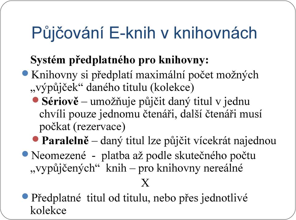 čtenáři musí počkat (rezervace) Paralelně daný titul lze půjčit vícekrát najednou Neomezené - platba až podle