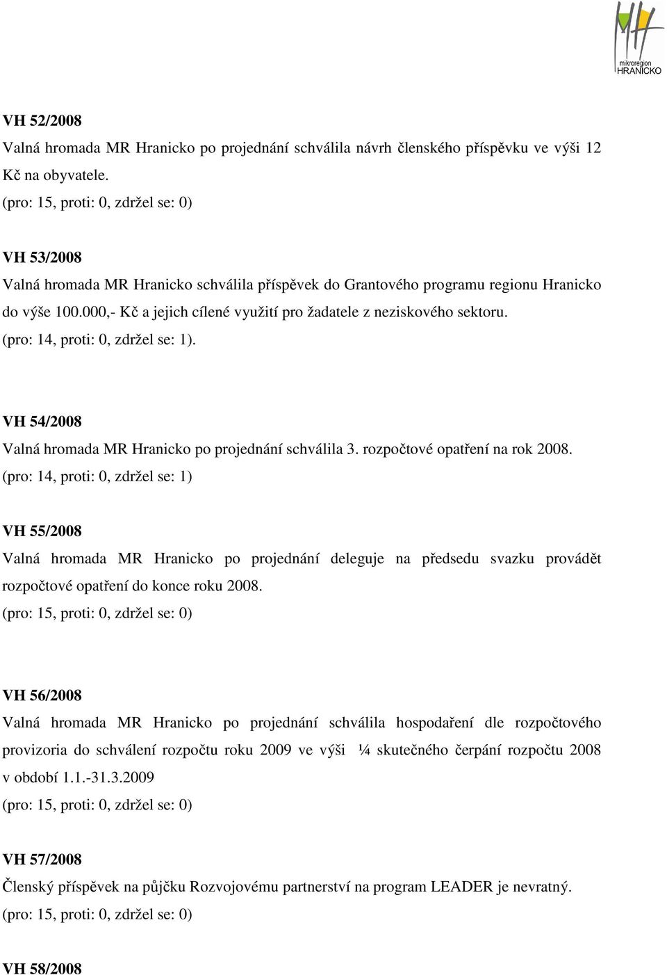 (pro: 14, proti: 0, zdržel se: 1). VH 54/2008 Valná hromada MR Hranicko po projednání schválila 3. rozpočtové opatření na rok 2008.