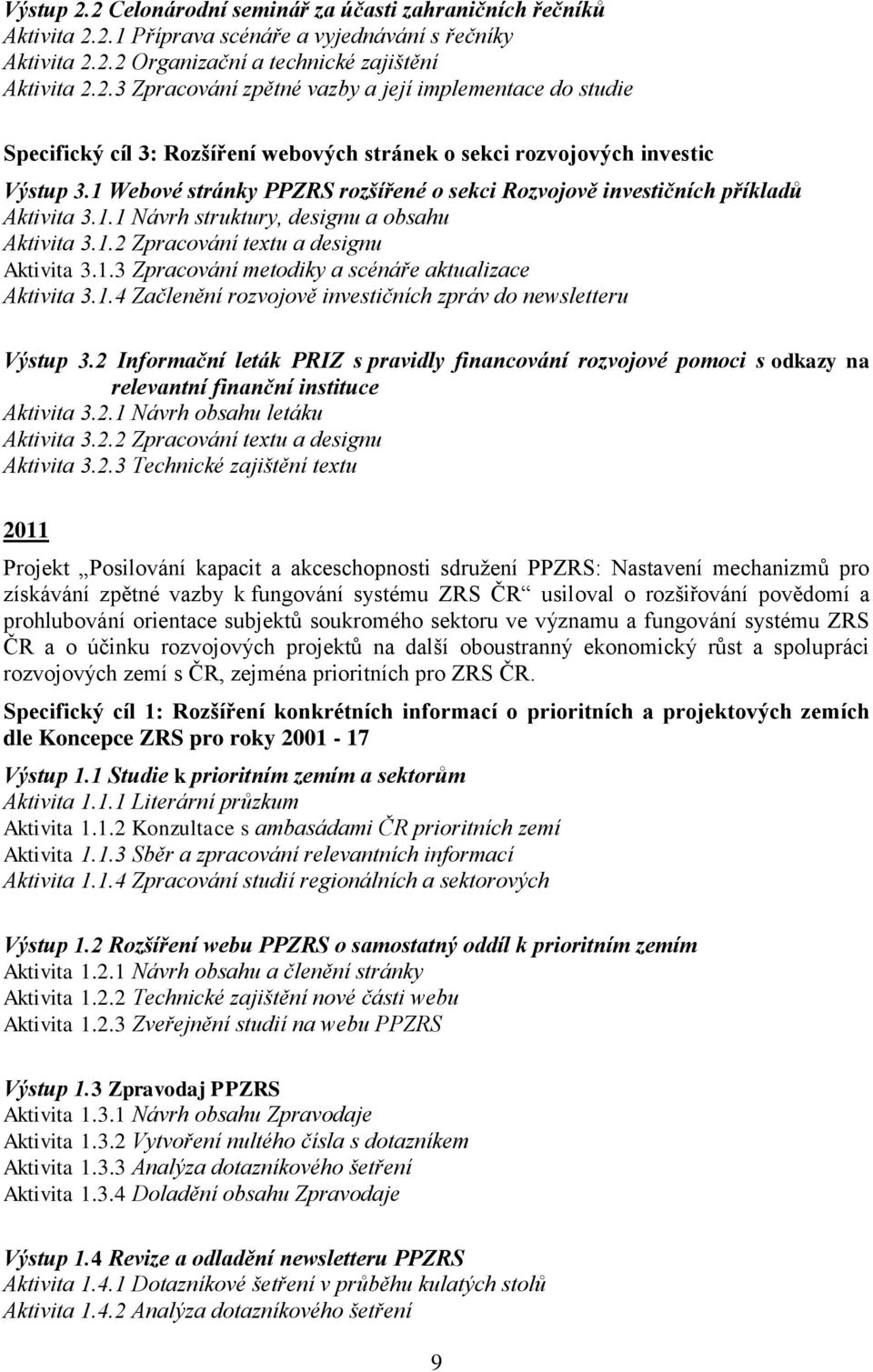 1.4 Začlenění rozvojově investičních zpráv do newsletteru Výstup 3.2 Informační leták PRIZ s pravidly financování rozvojové pomoci s odkazy na relevantní finanční instituce Aktivita 3.2.1 Návrh obsahu letáku Aktivita 3.