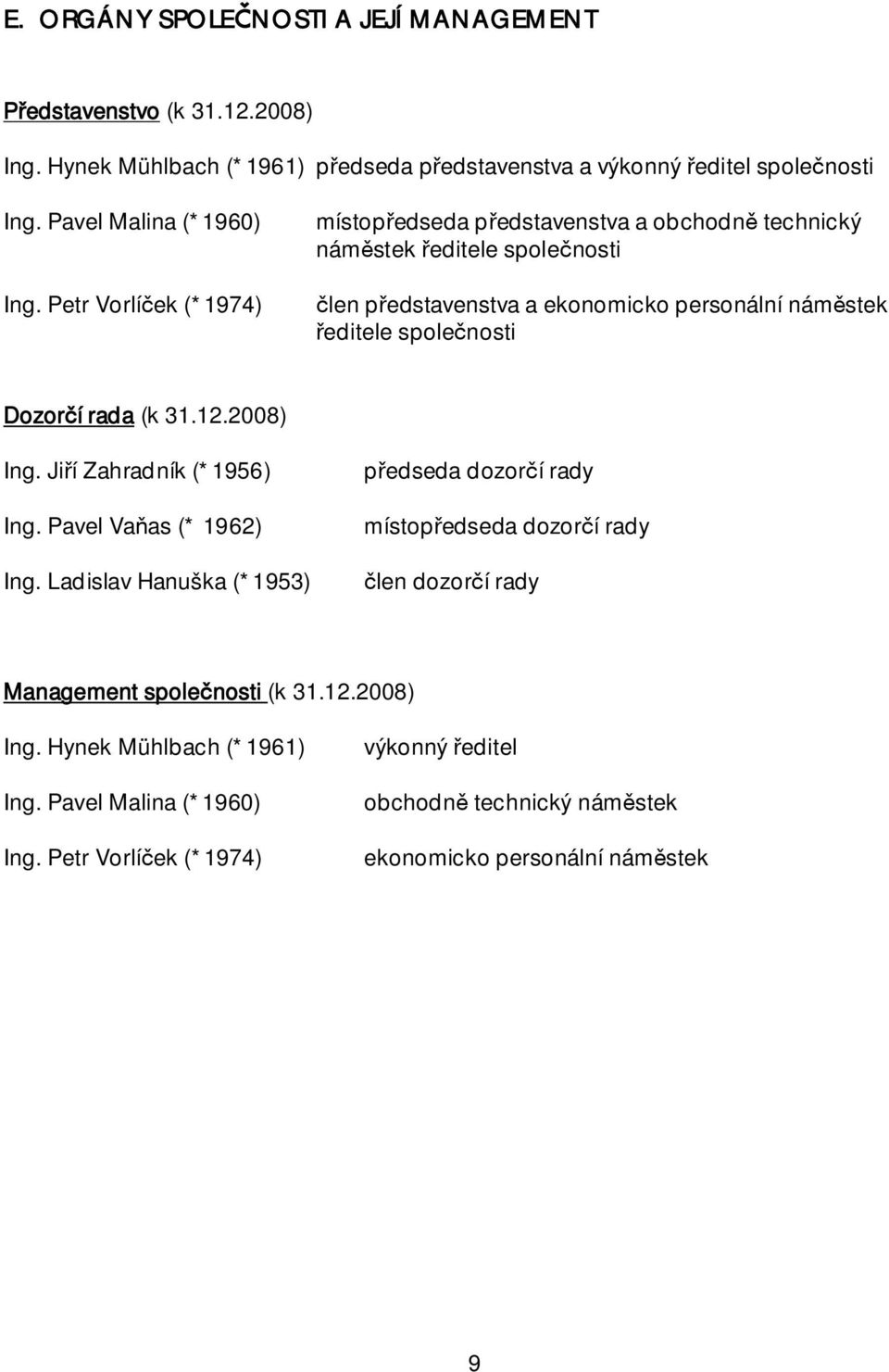rada (k 31.12.2008) Ing. Ji í Zahradník (*1956) p edseda dozor í rady Ing. Pavel Va as (* 1962) místop edseda dozor í rady Ing.