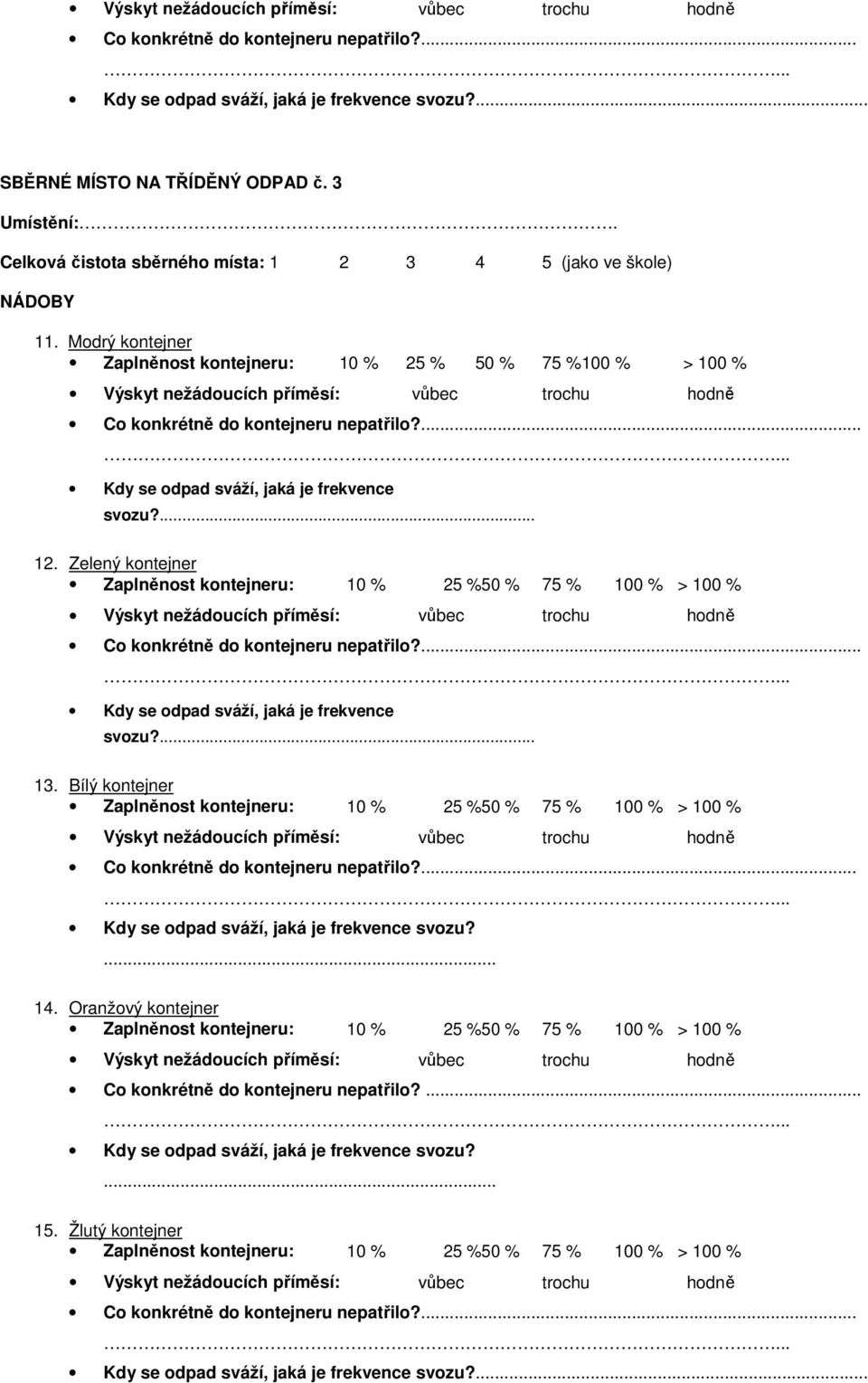 ... Kdy se odpad sváží, jaká je frekvence svozu?... 12. Zelený kontejner Co konkrétně do kontejneru nepatřilo?... Kdy se odpad sváží, jaká je frekvence svozu?... 13.