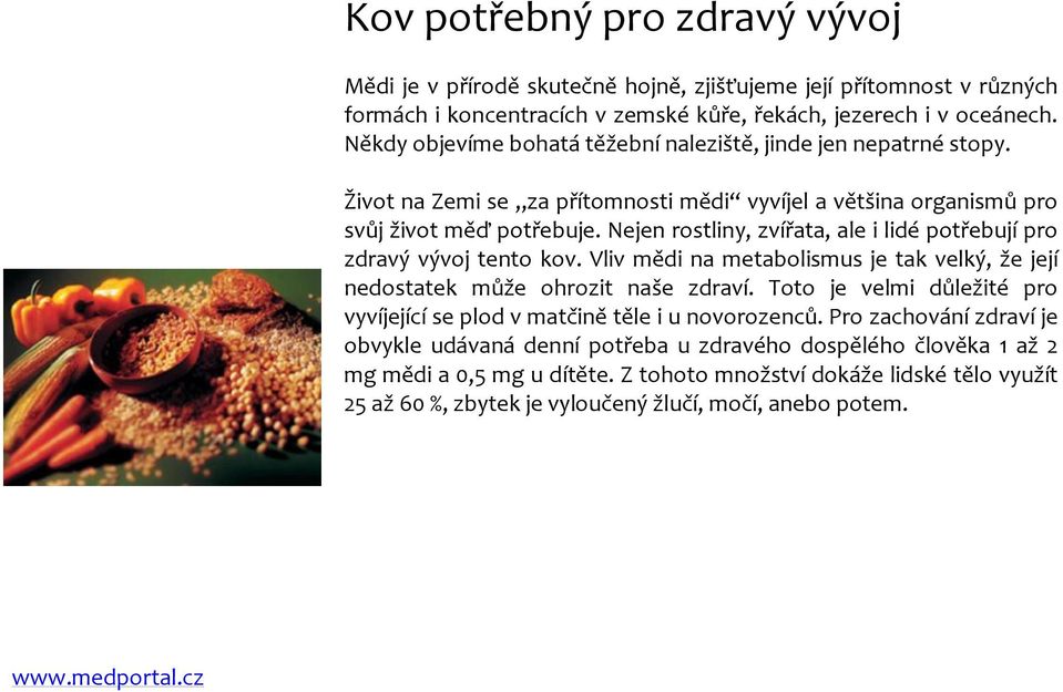 Nejen rostliny, zvířata, ale i lidé potřebují pro zdravý vývoj tento kov. Vliv mědi na metabolismus je tak velký, že její nedostatek může ohrozit naše zdraví.