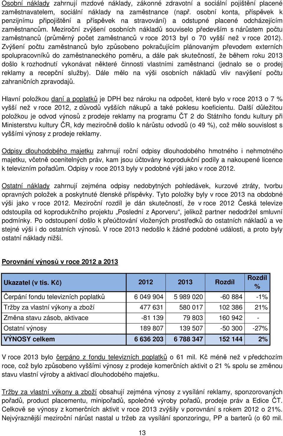 Meziroční zvýšení osobních nákladů souviselo především s nárůstem počtu zaměstnanců (průměrný počet zaměstnanců v roce 2013 byl o 70 vyšší než v roce 2012).