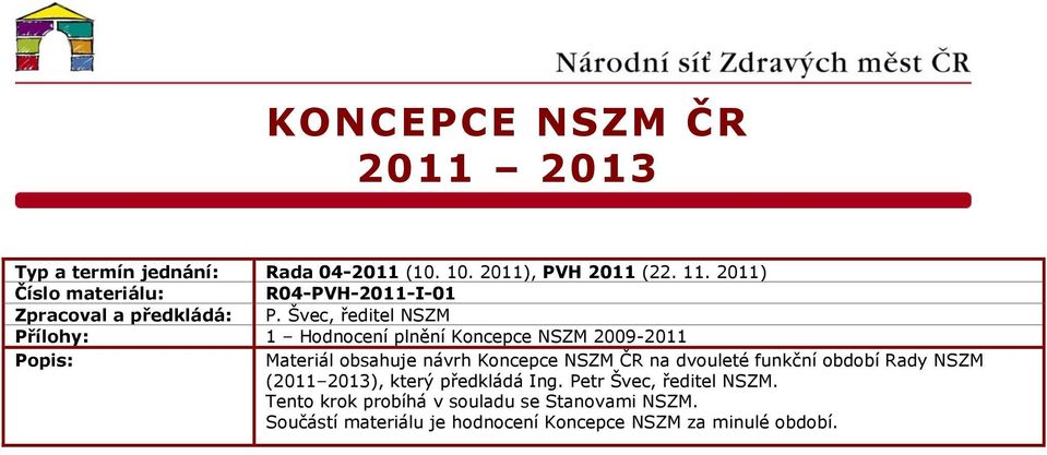 Švec, ředitel NSZM Přílohy: 1 Hodnocení plnění Koncepce NSZM 2009-2011 Popis: Materiál obsahuje návrh Koncepce NSZM ČR na