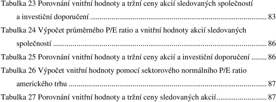 .. 86 Tabulka 25 Porovnání vnitřní hodnoty a tržní ceny akcií a investiční doporučení.