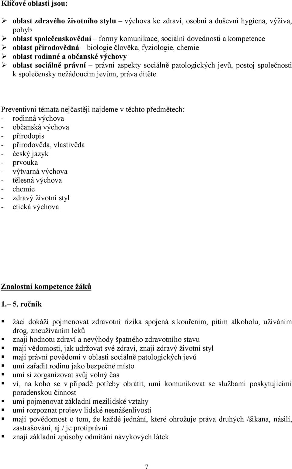 jevům, práva dítěte Preventivní témata nejčastěji najdeme v těchto předmětech: - rodinná výchova - občanská výchova - přírodopis - přírodověda, vlastivěda - český jazyk - prvouka - výtvarná výchova -