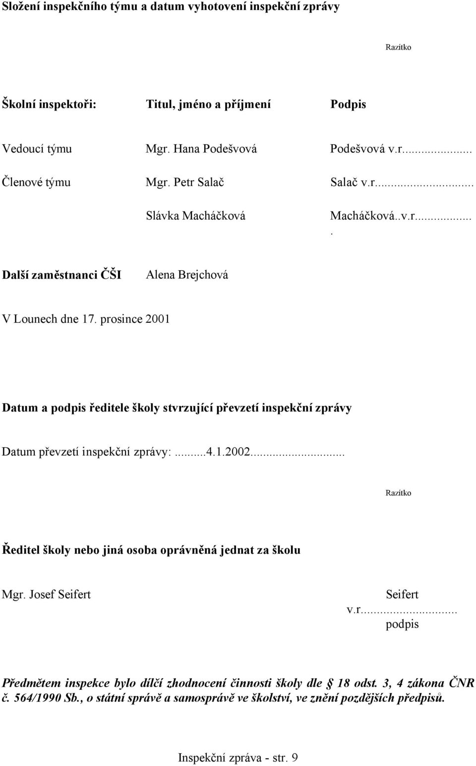 prosince 2001 Datum a podpis ředitele školy stvrzující převzetí inspekční zprávy Datum převzetí inspekční zprávy:...4.1.2002.