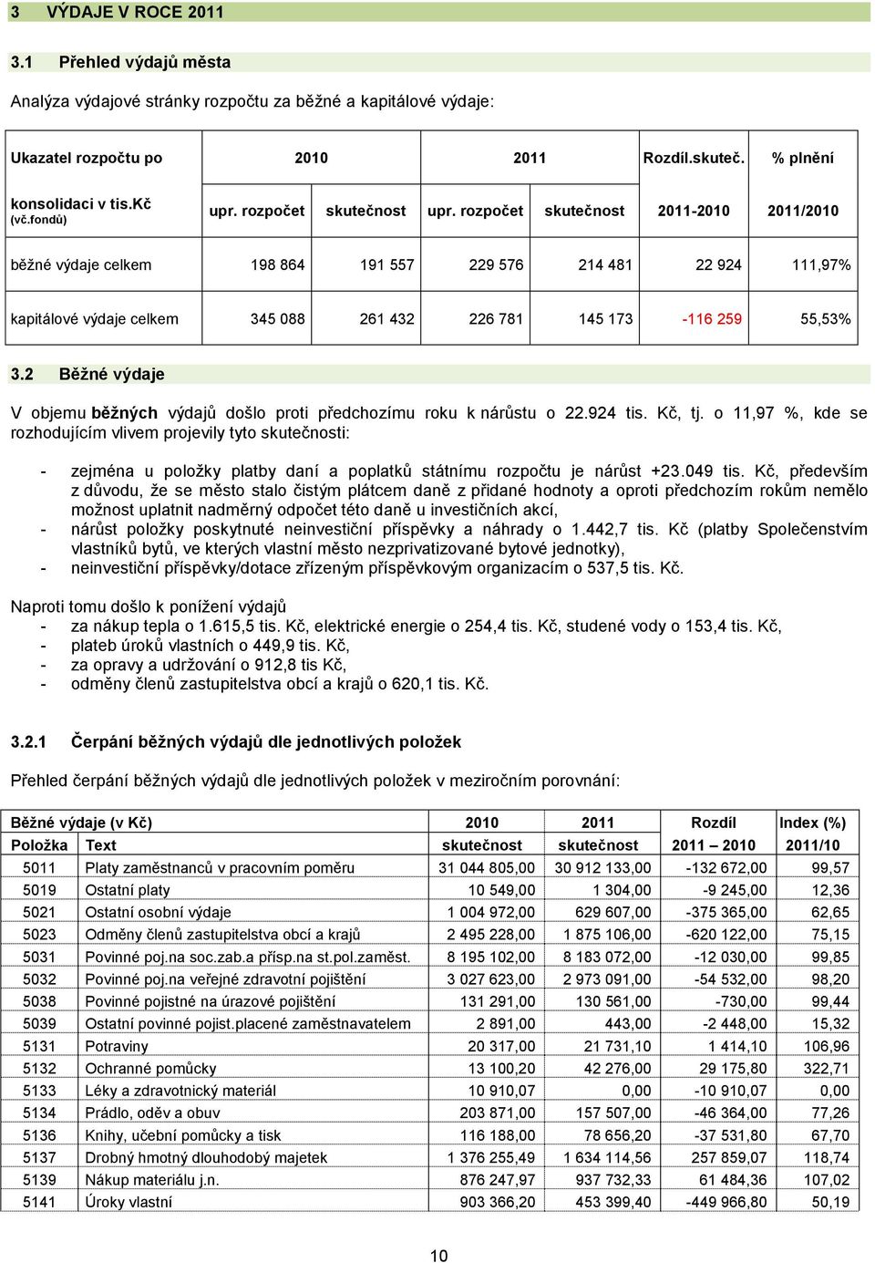 rozpočet skutečnost 2011-2010 2011/2010 běžné výdaje celkem 198 864 191 557 229 576 214 481 22 924 111,97% kapitálové výdaje celkem 345 088 261 432 226 781 145 173-116 259 55,53% 3.