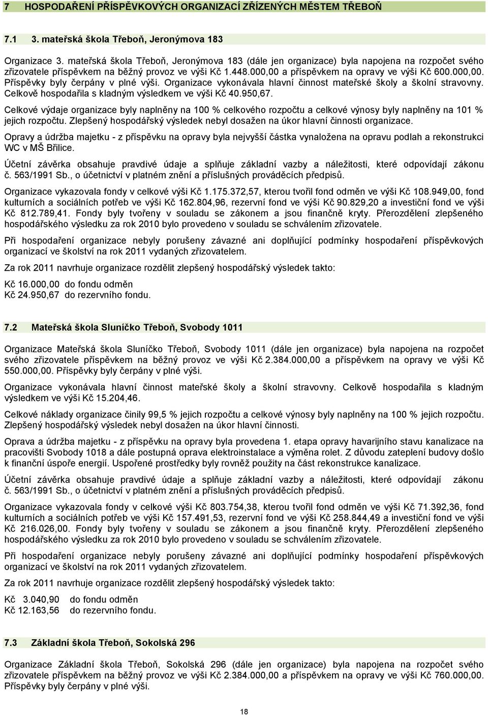 Organizace vykonávala hlavní činnost mateřské školy a školní stravovny. Celkově hospodařila s kladným výsledkem ve výši Kč 40.950,67.