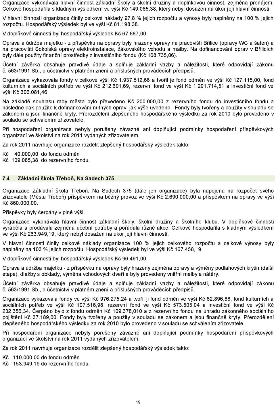 Hospodářský výsledek byl ve výši Kč 81.198,38. V doplňkové činnosti byl hospodářský výsledek Kč 67.887,00.