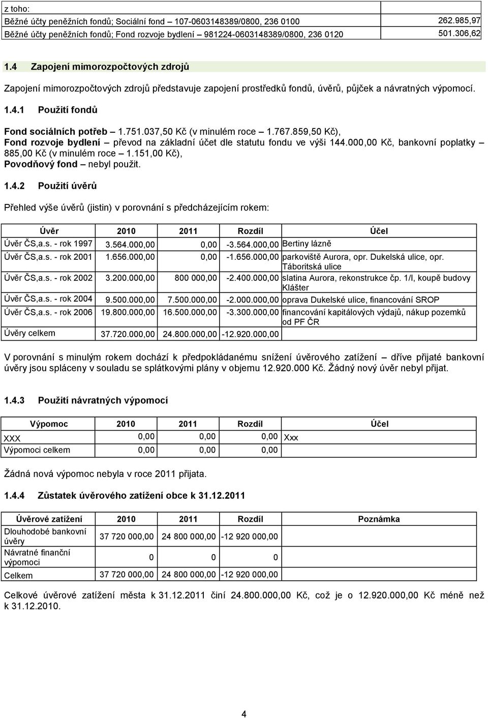 037,50 Kč (v minulém roce 1.767.859,50 Kč), Fond rozvoje bydlení převod na základní účet dle statutu fondu ve výši 144.000,00 Kč, bankovní poplatky 885,00 Kč (v minulém roce 1.